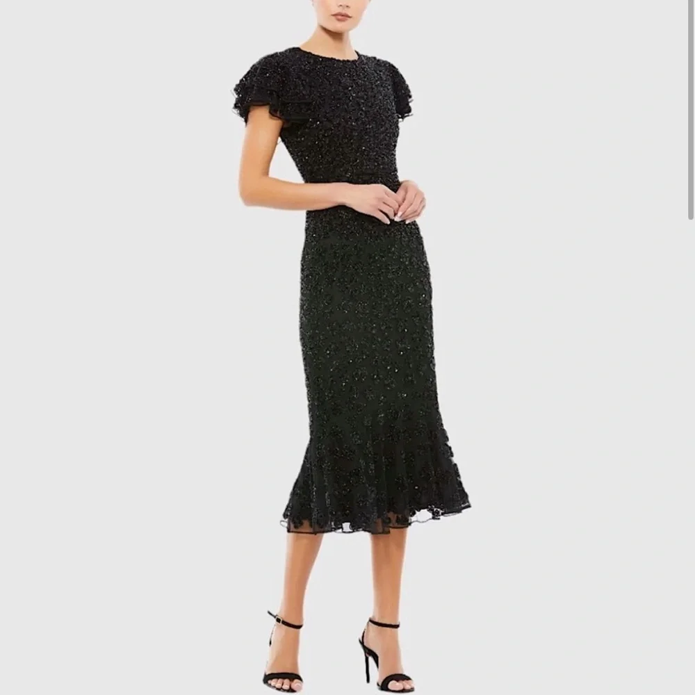 Mac Duggal HAND BEADED FLOUNCE SLEEVE MIDI DRESS Black Style 10771